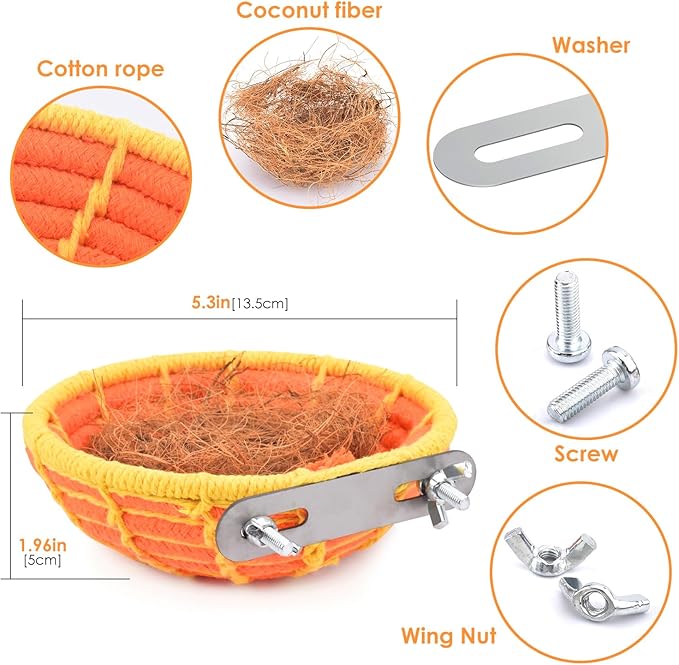 KATUMO Bird Nest, 5.3in Parrot Breeding Nest Bed with Natural Coconut Fiber Bedding for Budgie, Parakeet, Cockatiel, Conure, Lovebird, Canary, Finch, Small Birds