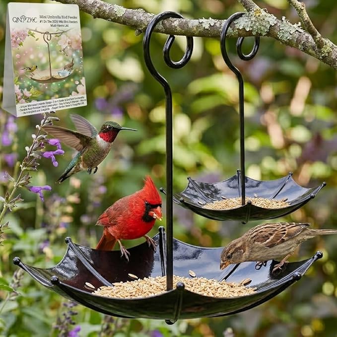 Mini Umbrella Bird Feeder Whimsical Garden Charm Hummingbird Feeders Station for Outdoors Hanging Metal Tray Birds Bath Waterer Shade Cover Garden Gifts for Wild Patio Yard Tree Decor