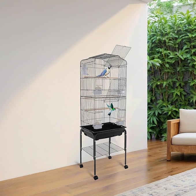 Extra Large Bird Cage, 54 Inch Wrought Iron Bird Cage Open Top Parakeet Cage w/Slide-Out Tray for Parrot, Cockatiel, Budgie, Parakeets, Lovebird, Small Medium Birds 18 * 14.6 * 54In(Black-1)