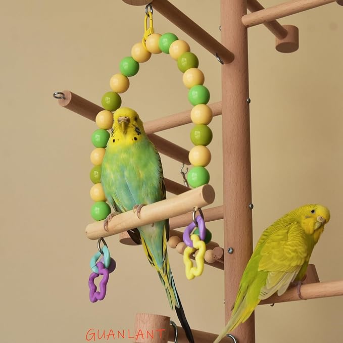 Wooden Bird Cage Swing Perch for Parakeets,Small Parrots Swings Stands with Green Yellow Acrylic Beads Bells, Birdcage Playground Gym Accessories Hanging Climbing Toy for Lovebirds Budgies