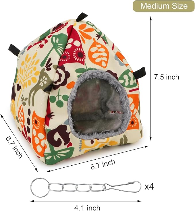 Bird Plush Hammock Parrot Hanging Snuggle Cave Happy Hut Tent for Parakeet Cockatiel Conure Lovebird Budgie Hamster Gerbil Rat Chinchilla Squirrel Cage (M, Beige Pattern)
