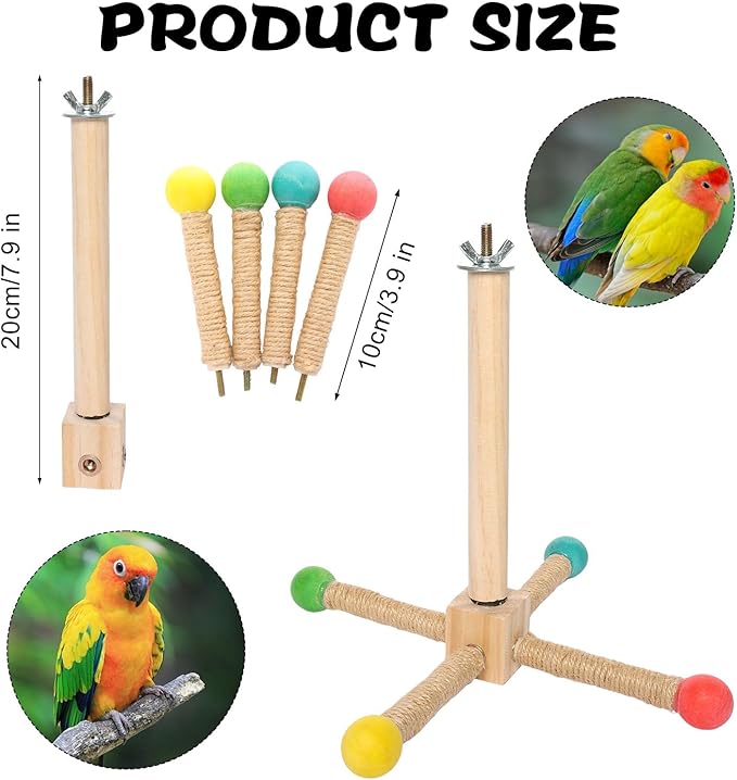 1pcs Bird Stand Perch Toy Interactive Wood & Hemp Rope Perch Enrichment Exercise for Small Medium Parrots Easy Install Birdcage Accessory Long Hemp Rope