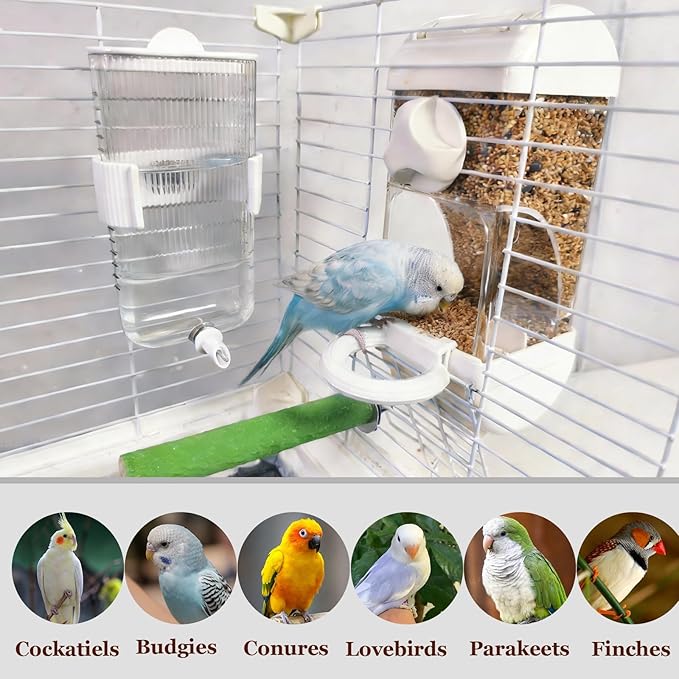 Automatic Bird Feeder Waterer Kit Bird Cage Hanging Waterer Parakeet Leak-Proof Feeder Parrot Vegetable Clips Cage Accessories for Budgies Lovebirds Finches Canaries Parrotlets Conures (White)