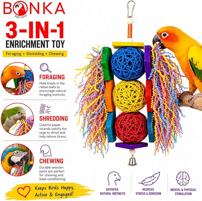Bonka Bird Toys 1854 Tri Foraging Star 13" x 8" Natural Vine Ball Chew and Shred Toy for Medium to Large Birds Like Conures African Greys Amazons and Similar