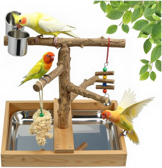 Bird Perch Stand, Natural Wood Bird Perch Stand, Wooden Parrot Perch Stand Fork Toys Hanging Multi-Branch Rope Perch Platform Hammock Swing Toy Chewing Stick Cage Accessories