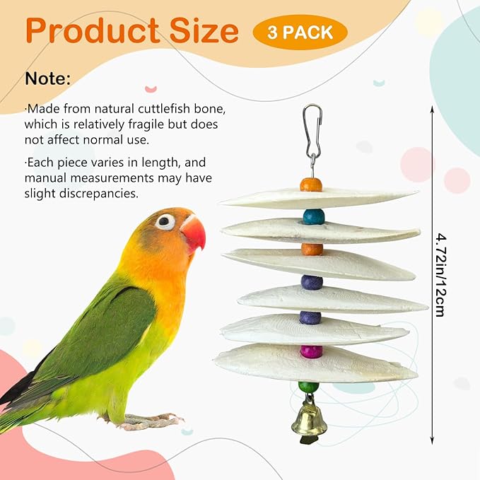 3 Pack Bird Chewing Toy Cuttlebone Parrot Toy with Bell Hanging Bird Beak Grinding Stone Parakeet Cage Accessories for Small & Medium Budgies Lovebirds Cockatiels (Flake, 6 Per Skewer)