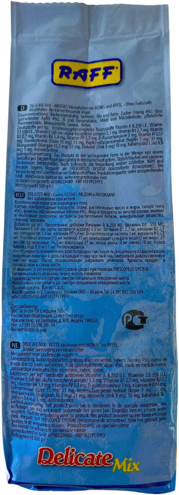 Raff Delicate Mix 500g - Bird Seed Parakeet, Nutrient-Rich for Small Parrots, Supports Feather Growth, Immune System, and Recovery During Molting and Rest Periods
