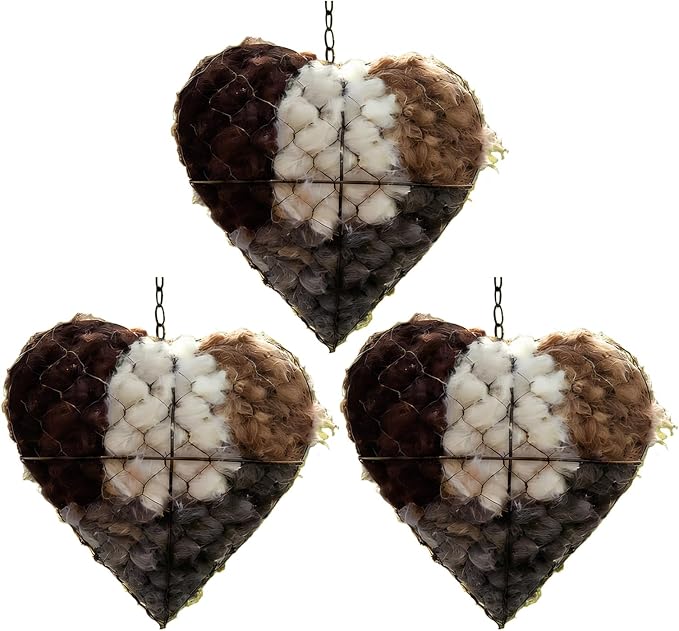 Handmade Alpaca Fiber Bird Nesting Heart, Refillable Birds Nests Material Holders for Outside,Heart Shape Design, Winter Fowl Gifts Animal Hummingbirds Lovers Home Garden Yard(3 Set)
