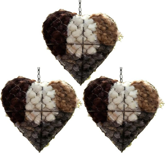 Handmade Alpaca Fiber Bird Nesting Heart, Refillable Birds Nests Material Holders for Outside,Heart Shape Design, Winter Fowl Gifts Animal Hummingbirds Lovers Home Garden Yard(3 Set)
