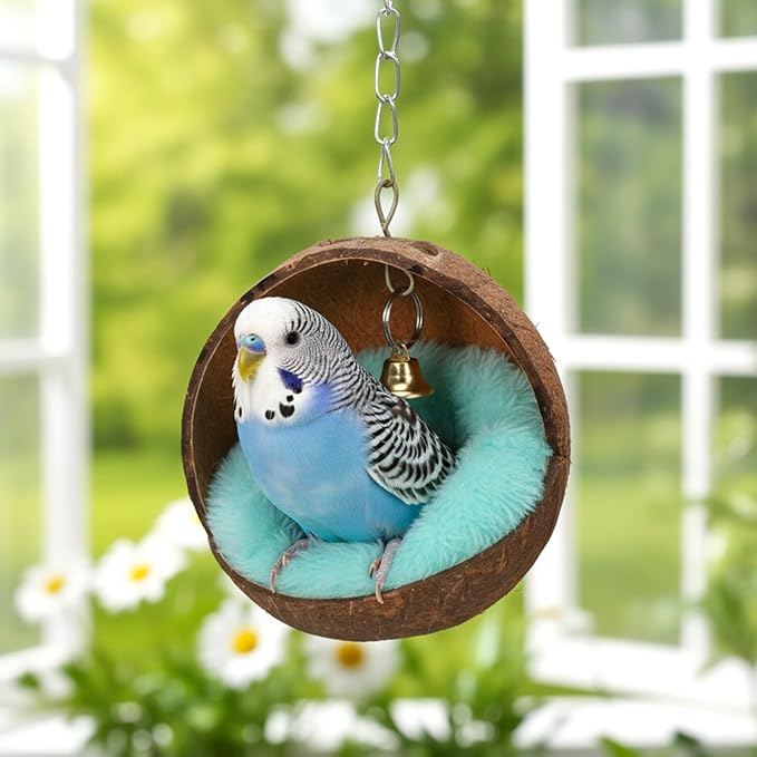 Natural Coconut Shell Bird Nest House, Anti-Pecking Bite with Warm Pad and Bell, Hanging Budgie Tent Beds with 8 Accessories for Bird Parrot Budgie Parakeet Cockatiel Conure Lovebird