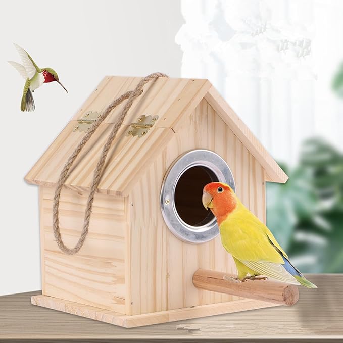 Parakeet Nesting Box, Parrot Wooden House Nesting Box, Bird Breeding Nest Warm Box with Stand Perch, Parrotlets Aviary Cage Budgie Mating Box for Lovebirds, Cockatiel, Budgie, and Small Birds
