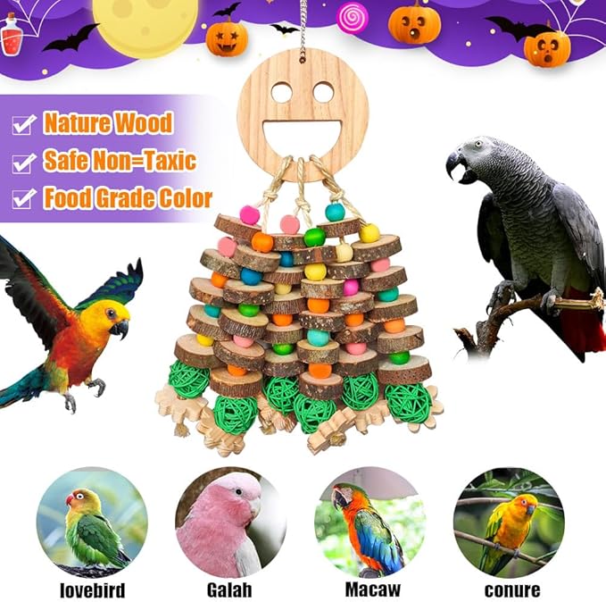 Large Parrot Toys, Multi-Color Wooden Block with Halloween Shape Bird Chewing Toy for Macaws, Cockatoos, African Grey and Large Medium Birds