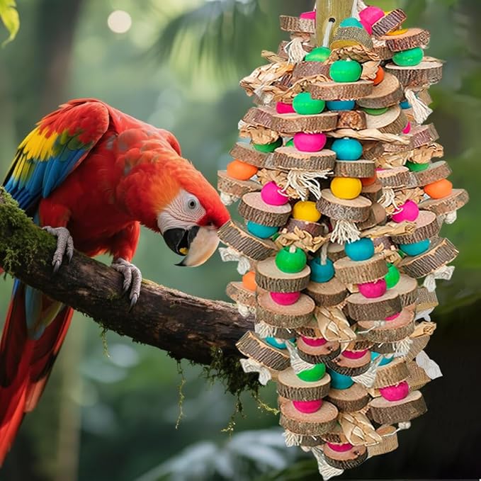 Large Bird Toys for Parrots Toys Natural Colored Wooden Bird Cages Chew Accessories for Macaws, Cockatoos, African Grey, and Amazon Parrots