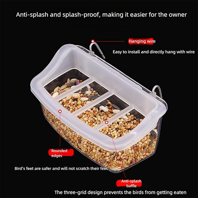 2Pcs Transparent Hanging Bird Cage Feeders & Food Bowls for Parrots and Parakeets, Splash-Proof Design, Easy Install with Hook for Cage