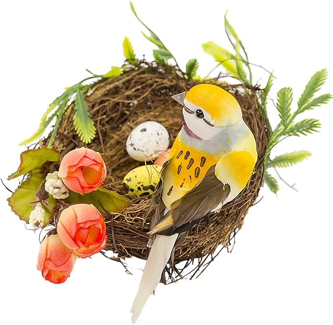 Berfutall-Easter Artificial Nest Natural Bird Nest Kit Includes Artificial Twig Nest, Fake Foam Feather Birds, Foam Eggs Ornaments for Crafts Home Party Decor