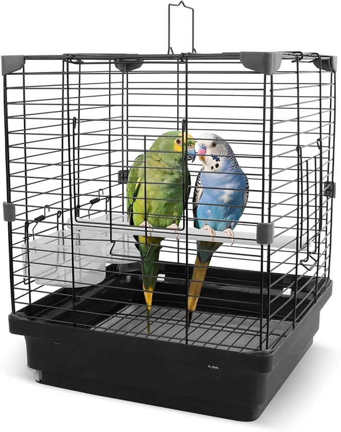 Small Bird Cage - 12x12x14.6 in Lightweight Travel Outdoor Birdcage for Parakeets, Budgies & Canaries and More Small Birds, Bird Carrier with Handle, Stand, Removable Tray, Portable for Hanging, Black