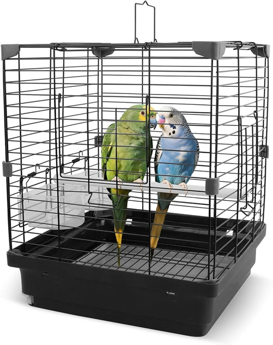 Small Bird Cage - 12x12x14.6 in Lightweight Travel Outdoor Birdcage for Parakeets, Budgies & Canaries and More Small Birds, Bird Carrier with Handle, Stand, Removable Tray, Portable for Hanging, Black
