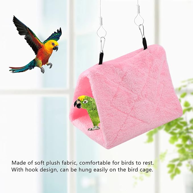 Tiiyee Plush Bird Hammock, Hanging Bird Nest House Parrot Sleeping Bed Shed Hut Cave Cage Tent Winter Warm Nest for Parakeet Cockatiels Cockatoo Lovebird Hamster Pet Toy Pouch Cotton Hideaway(S-Pink)