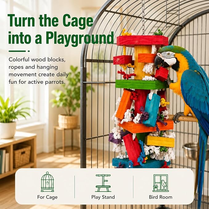 35" Extra Large Parrot Toys - Chewable Foraging Toys for Macaws, African Grey, Amazon Parrots - Durable Bird Cage Accessories Gift