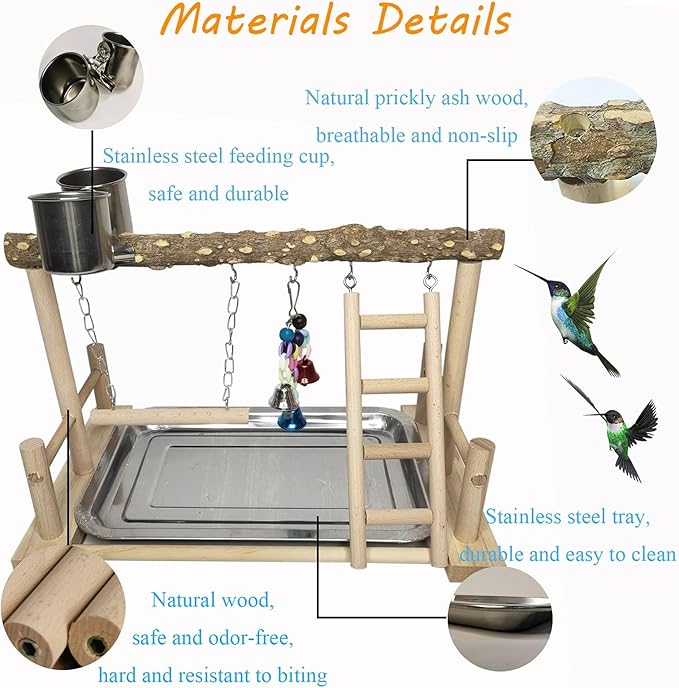 PINVNBY Bird Playground Parrot Playstand Birds Play Stand Wood Exercise Perch Gym Stand Playpen Ladder with Feeder Cups Hanging Swing Toys for Parakeet Conure Cockatiel Budgie Cage Accessories