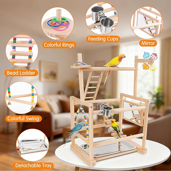 Bird Playground, Parrot Playground Bird Perch Stand 3 Layer Bird Tree Stand with Feeder Cups, Bird Ladder, Parakeet Mirror, Parakeet Toys and Removable Tray for Small to Medium Birds