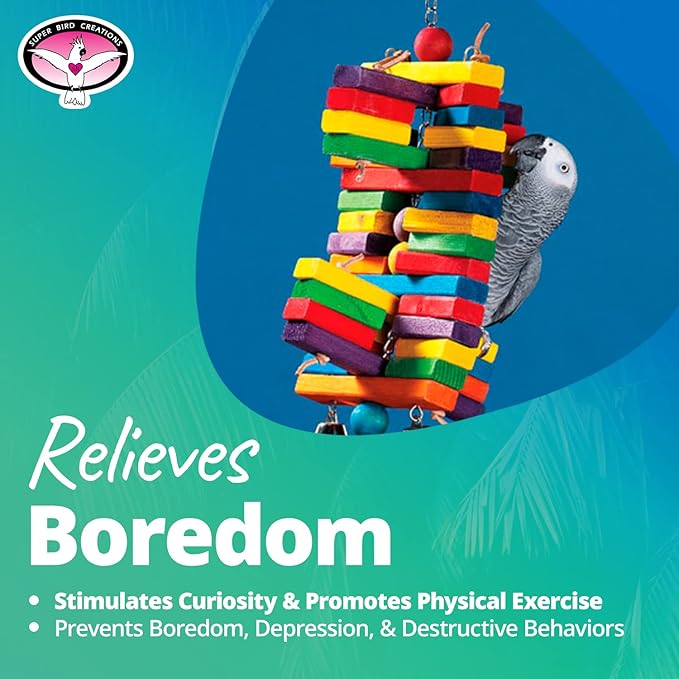 Super Bird Creations - SB477 XL Woodpile Bird Toy - Vibrant Bird Toys for Macaws, African Greys, Cockatoos, Eclectus, Parrots - Enriching Bird Toy with Chewable Elements - Large to XL Bird Size