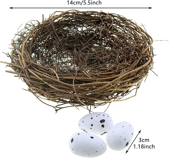 2PCS 4.7 Inch Brown Dry Rattan Handmade Artificial Bird Nest Decoration with Faux Bird Egg Crafts Bird Nest for Crafts Patio Garden Plant Planter