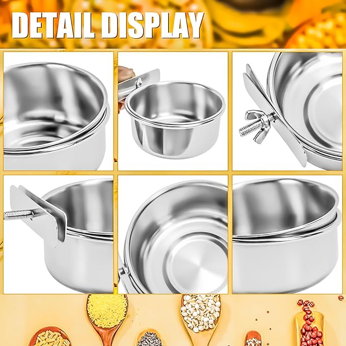 2 Pack Bird Feeding Bowls Cups Parrot Food Water Dishes, Stainless Steel Bird Bowl Cup Dish with Clamp, Birdcage Feeder Pet Cage Bowls for Cockatiel Budgie Conure Macaw Parakeet Small Animal