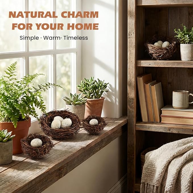 Bird Nest Decor for Crafts, 24-Piece Set with 8 Rattan Nests (2.36/3.15 in Dia) and 16 Faux Eggs (About 1.18 in L), Brown Tan for Wreaths Centerpieces Shelves