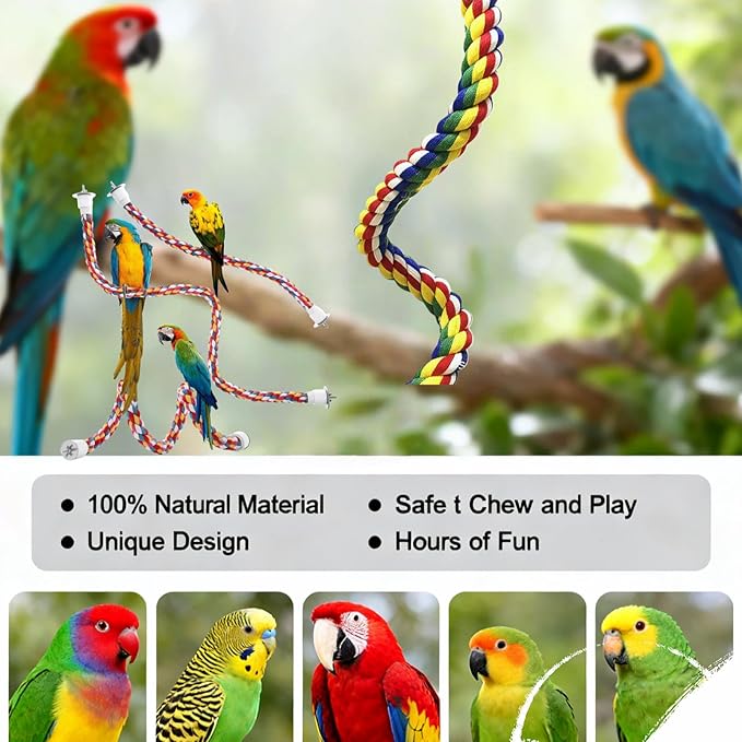 Bird Rope Perches, Parrot Toys, Bungee Rope Perches for Parrots, Cockatiels, Parakeets, Budgie Cages Comfy Birds (Metal Nut) - 31.5 inches