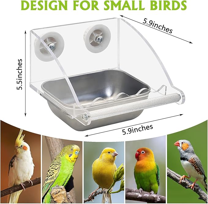 BNOSDM Bird Feeder for Cage with Stainless Steel Food & Water Bowl Acrylic Parakeet Seed Dishes with Anti-Slip Perch Stand for Parrot, Cockatiel, Lovebird, Canary, Finch,Conure,Cockatoo, Pigeon