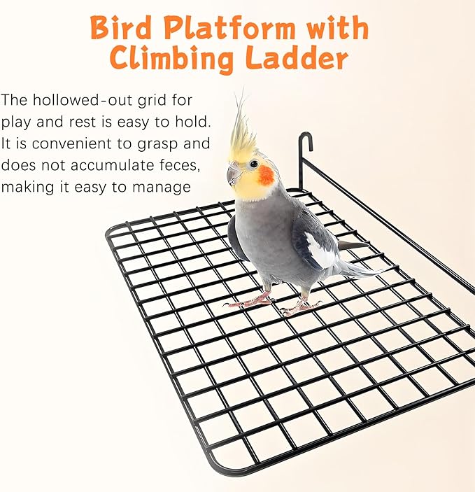 BNOSDM 4 PCS Bird Perches Platform, Stainless Steel Grid Platform for Parakeet Parrot Stand with Climbing Ladder Bird Cage Accessories for Small to Large Birds (Black)