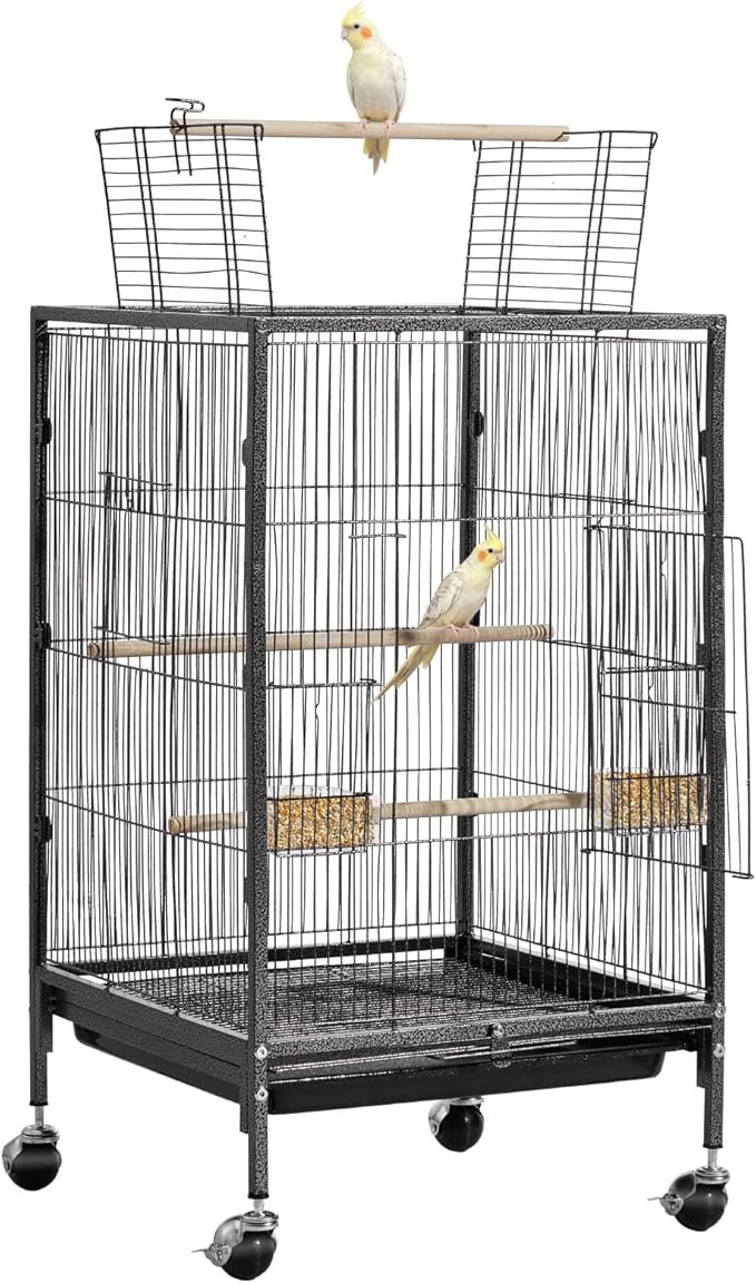 VEVOR Bird Cage, 18 x 18 x 30 inch, Open Flat Top, Wrought Iron Bird Flight Cage with Perches, Slide-Out Tray and Plastic Feeders, Casters, for Parrot, Blue Tit, Cockatiel, Canary, Budgerigar, Conure
