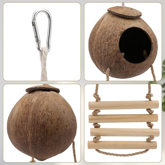 Hypeety Natural Coconut Hideaway Birds Toys Decorative Bird Nest Cage House with Bird Ladder Parakeet Budgie Cage Bird Nest