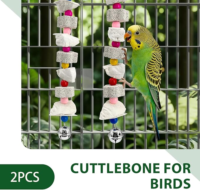2Pcs Cuttlebone for Birds with Jingler - 14.5" Natural Calcium Stone & Mineral Chew Toy for Beak Trimming, Teeth Grinding - for Parakeet, Conure, Cockatiel, Finch, Hamster, Chinchilla