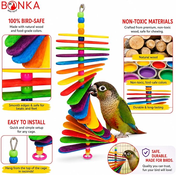Bonka Bird Toys 867 Big Stick 9.5" Colored Wooden Plastic Spinning Chew Toy for Medium Birds Cage Enrichment Conure Amazon Eclectus and Similar