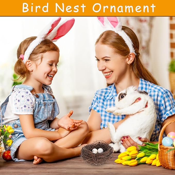 PRETYZOOM Artificial Bird Nest Decor Set with 4 Rattan Nests & 12 Speckled Eggs, 3.93 x 3.93 x 1.96 in, Realistic Nature-Themed Easter Party Favors, DIY Crafts & Home Office Decoration