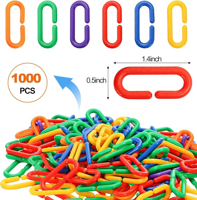 1000 Pieces Plastic C-Clip Hooks Chain Links, Interchangeable Rainbow C-Links Kids Learning Toys for Classroom Preschool, Sugar Glider Swing Climbing Cage Toys for Small Pet Rat Parrot Bird