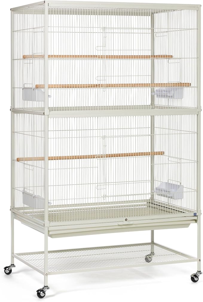 Prevue Pet Products Wrought Iron Bird Flight Cage with Wheels - Large Birdcage for Parakeets, Canaries, Finches, Cockatiels, Lovebirds, Green Cheeks, Metal Standing Birdcage - Chalk White