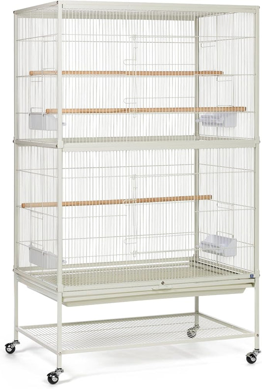 Prevue Pet Products Wrought Iron Bird Flight Cage with Wheels - Large Birdcage for Parakeets, Canaries, Finches, Cockatiels, Lovebirds, Green Cheeks, Metal Standing Birdcage - Chalk White