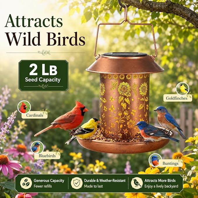 Sunflower Solar Bird Feeder for Outdoors Hanging Solar Lanterns Waterproof Metal Wild Bird Feeders Garden Outside Yard Decor Christmas Birthday Gifts for Women Mom (Butterfly