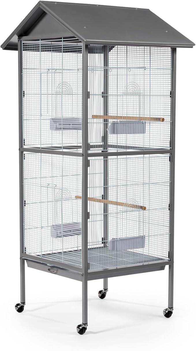 Prevue Pet Products Aviary Large Flight Cage - Powder‑Coated Standing Metal Bird Cage with Wheels, Perches, Feeders & Removable Tray, Ideal for Parakeets, Cockatiels, Canaries & Small Birds - Grey