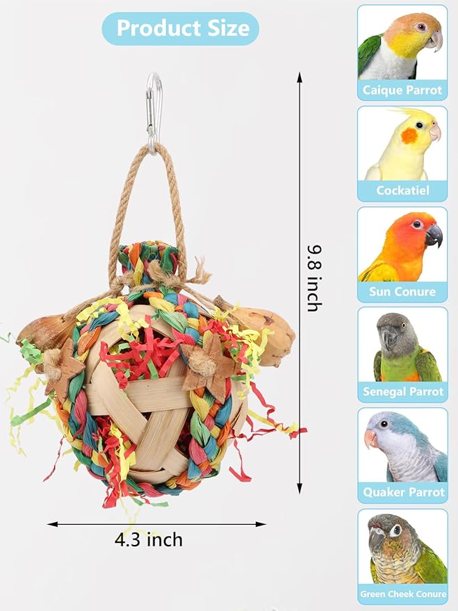 Wontee Bird Toys Colorful Shredding Crinkles Foraging Toys Natural Dried Fruits Chew for Cockatiels Conures Parakeets Budgies Senegal (2 Packs)