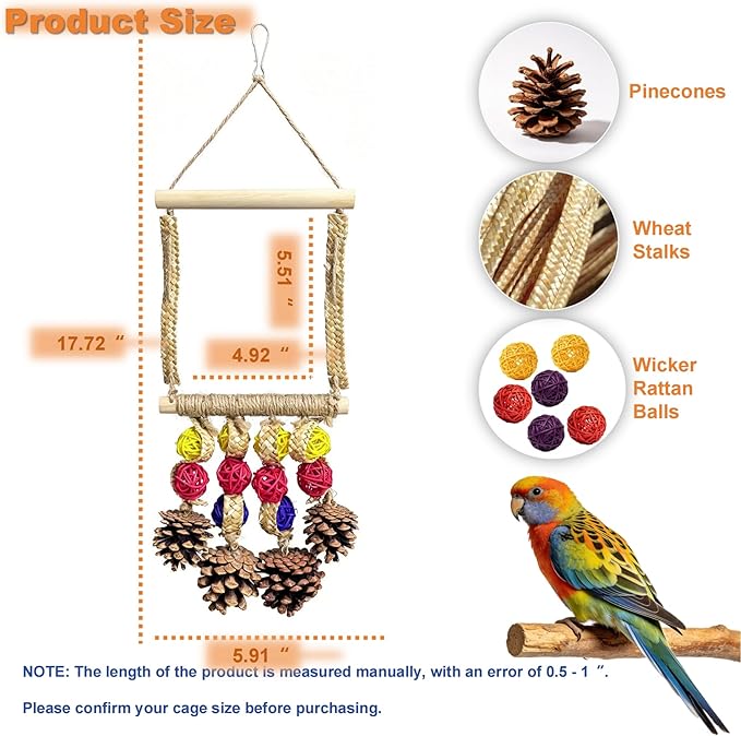 Bird Swing for Cage - Plant Style Parrot Toy with Sisal-Wrapped Perch, Natural Pine Swing with Multiple Plant Strands for Parakeets, Cockatiels, Budgies & Conures