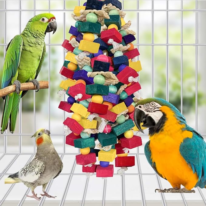 Bird Toys for Large Parrots Colorful Natural Wood Block Parrots Chew Foraging Toys for Bird Cages Cockatoos, Macaws, African Greys, and Amazons