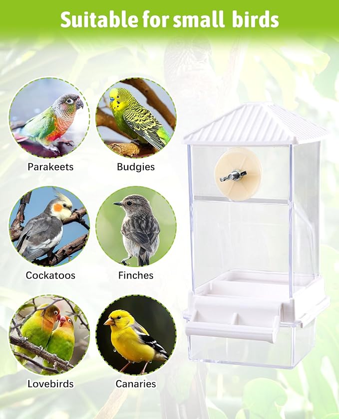Hamiledyi Automatic Bird Feeder 2 Pcs No Mess Bird Cage Feeder Seed Food Container with Perch Transparent Parrot Cage Accessories for Parakeets, Budgies, Cockatoos, Finches, Lovebirds (White)