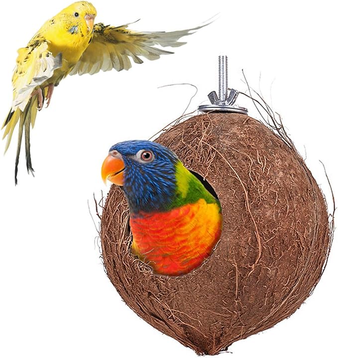 YJJKJ Pet Bird Natural Coconut Shell Bird House Parakeet Budgie Cockatiel Finch Sparrows Breeding Nesting Bird Aviary Cage Box Anti-Pecking Bite (Diameter:4.3")