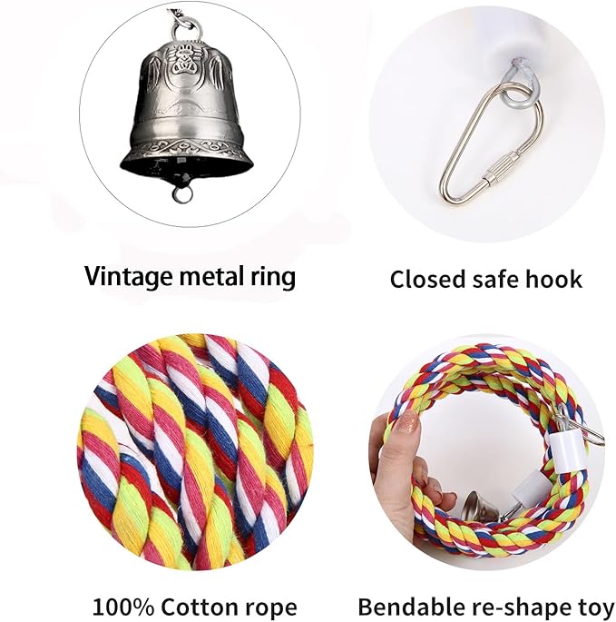 2Pcs 43'' Bird Rope Perches Birdcage Swing Toys 100% Cotton Natural Bird Perch Peck/Chewing with Vintage Bell Climbing Standing Bungee Parrot Toys for Small to Regular Size Parrot Cockatiel Birds