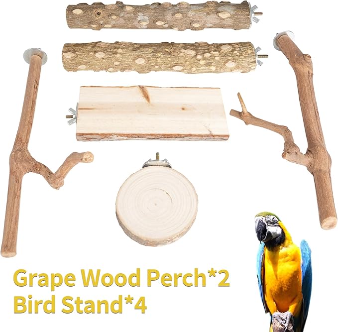Bird Perch Stand, Pole Standing Natural Wood Bird Perch Set 7PCS Paw Grinding Fork Parrot Cage Branch with Rope Cage Accessories Toys for Parakeets, Cockatiels, Conure, Budgies (Brown 2)