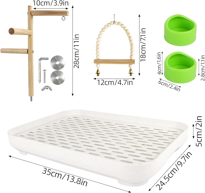 4 In 1 Bird Playground Stan with Large Tray, Food Bowl, Wooden Bird Play Stand and Swing, Play Gym & Accessories for Parrots Cockatiels Conures Parakeets Lovebirds